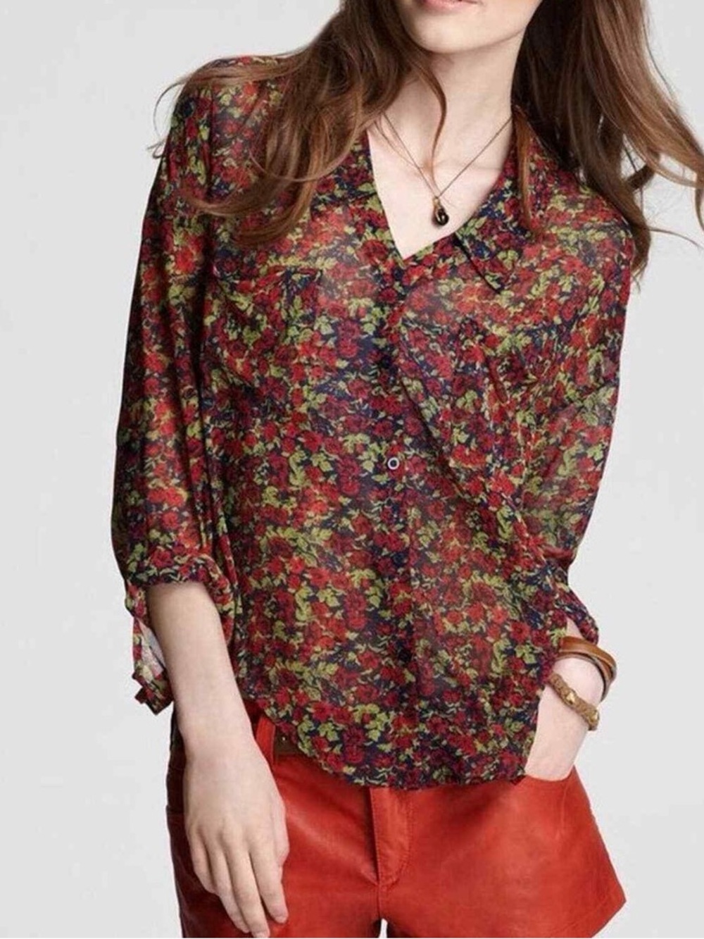 FREE PEOPLE SHEER FLORAL HIGH LOW TOP